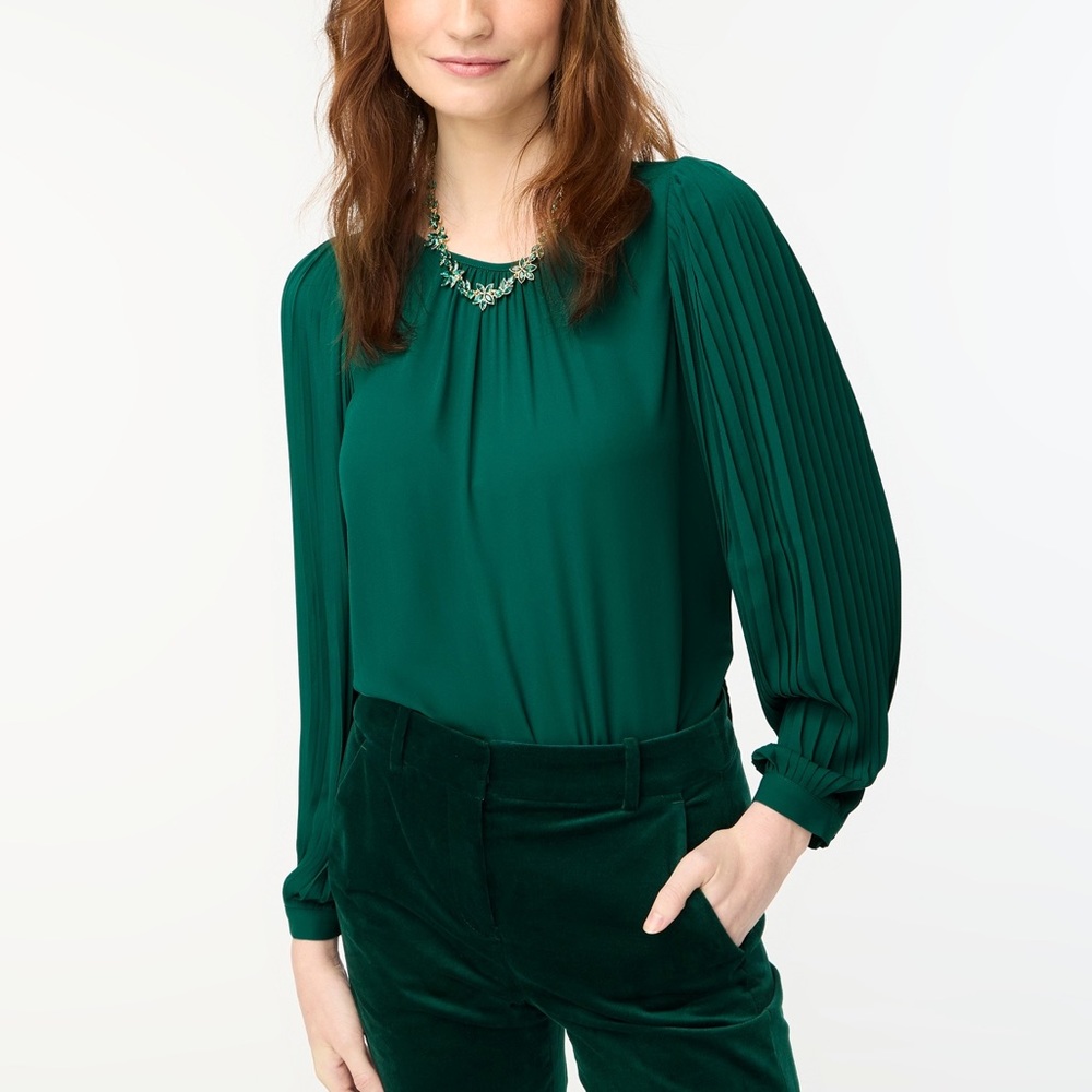 J. Crew Factory Emerald Green Pleated Long-Sleeve Blouse